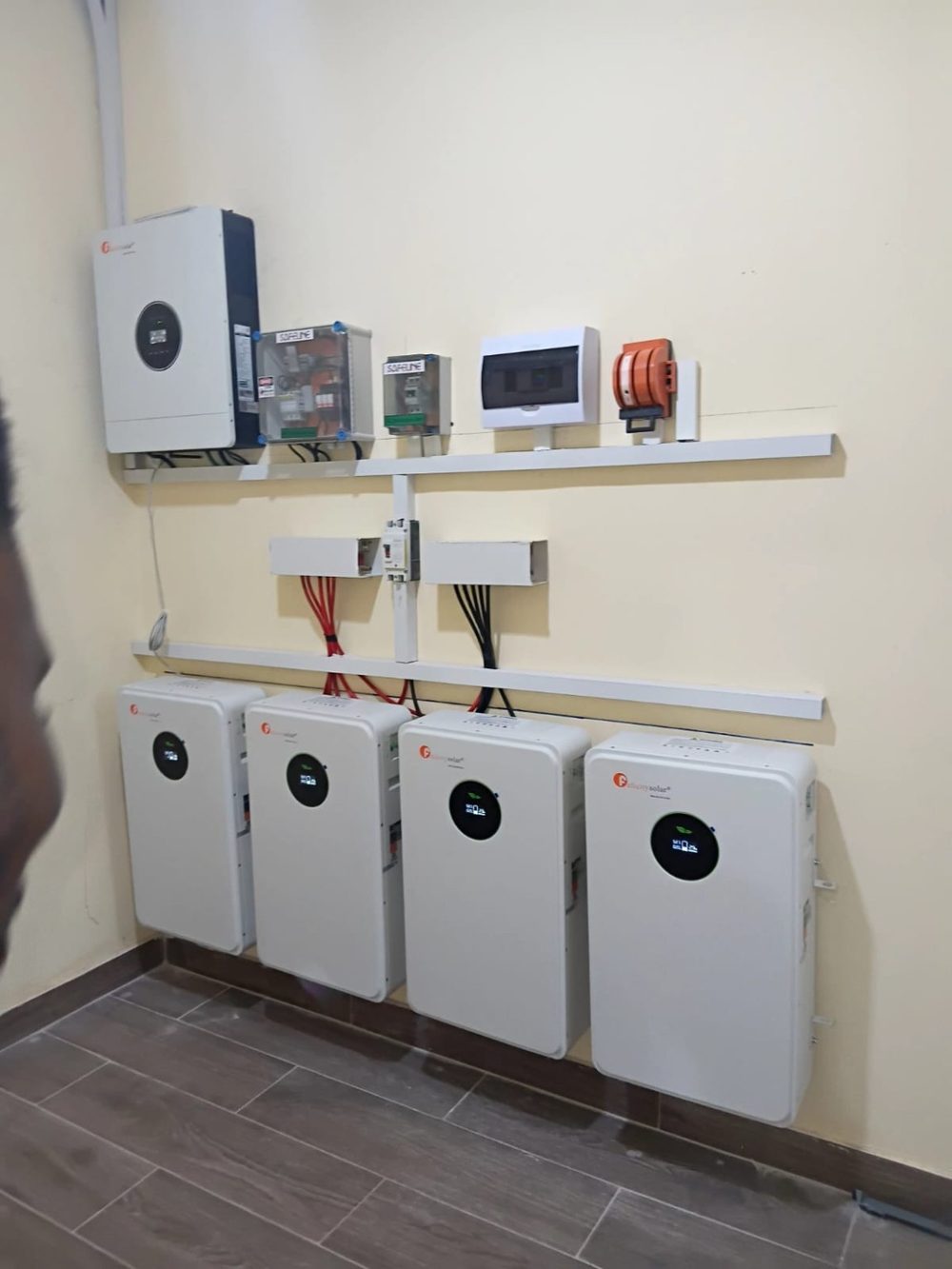 Solar inverter, electrical protection equipment and four battery units at a Ministry of Health project site